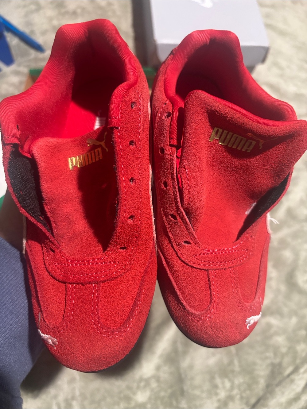 Puma Kids Red Suede Slip-On Sneakers with Gold Logo
